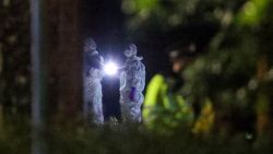 Forensic officers work at Forbury Gardens park where a summer-evening stabbing attack took place Saturday, in Reading, England, early Sunday June 21, 2020. (Steve Parsons/PA via AP)