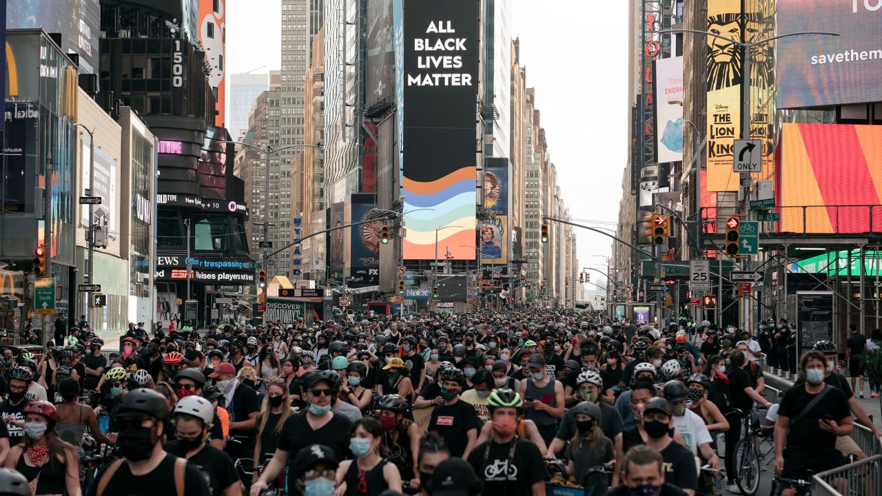 NEW YORK, NY - JUNE 20: Cyclists gather in Times Square, protesting systemic racism in law enforcement and the police killing of unarmed black Americans on June 20, 2020 in New York City. Spurred by the killing of George Floyd by a police officer in Minneapolis, marches and rallies have taken place daily in dozens of cities across the country for more than three weeks.(Photo by Scott Heins/Getty Images)