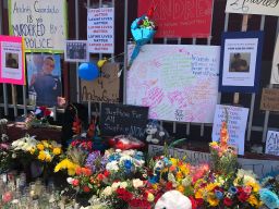 A memorial in June to Guardado near the auto body shop.