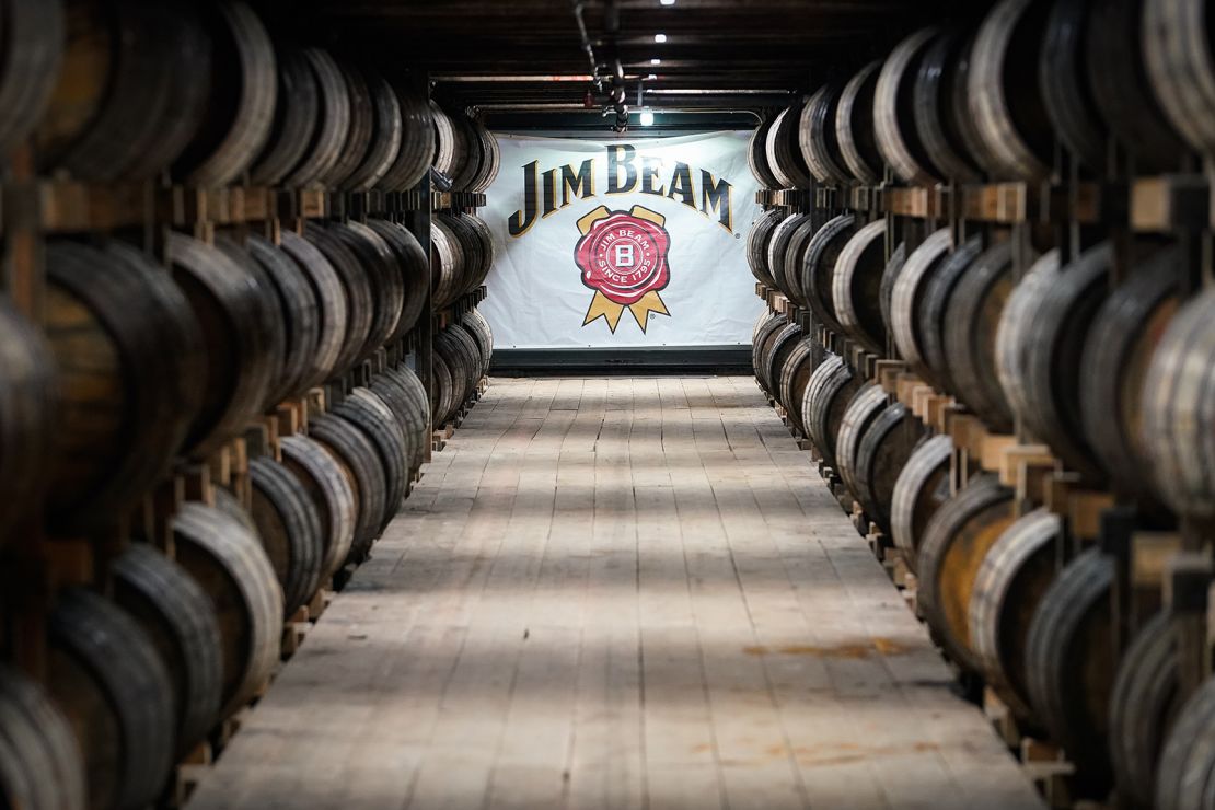 Barrels of bourbon are stacked in a barrel house at the Jim Beam Distillery in Clermont, Kentucky.