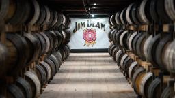 CLERMONT, KY - FEBRUARY 17:  Barrels of bourbon are stacked in a barrel house at the Jim Beam Distillery on February 17, 2020 in Clermont, Kentucky.  U.S. whiskey exports have fallen by 27 percent to the European Union, the product's largest export market, caused by retaliatory tariffs imposed by the 27-nation alliance, a trade group said last week.  (Photo by Bryan Woolston/Getty Images)