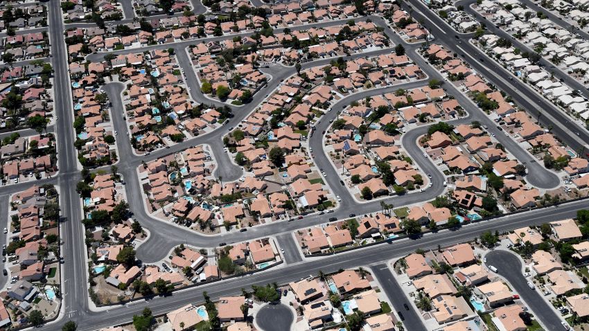 An aerial view shows a residential neighborhood during the coronavirus pandemic on May 21, 2020 in Las Vegas, Nevada. Nevada Gov. Steve Sisolak issued a directive effective on May 9, encouraging residents to stay at home and limit trips outside of their homes as much as possible to help prevent the spread of COVID-19.  (Photo by Ethan Miller/Getty Images)