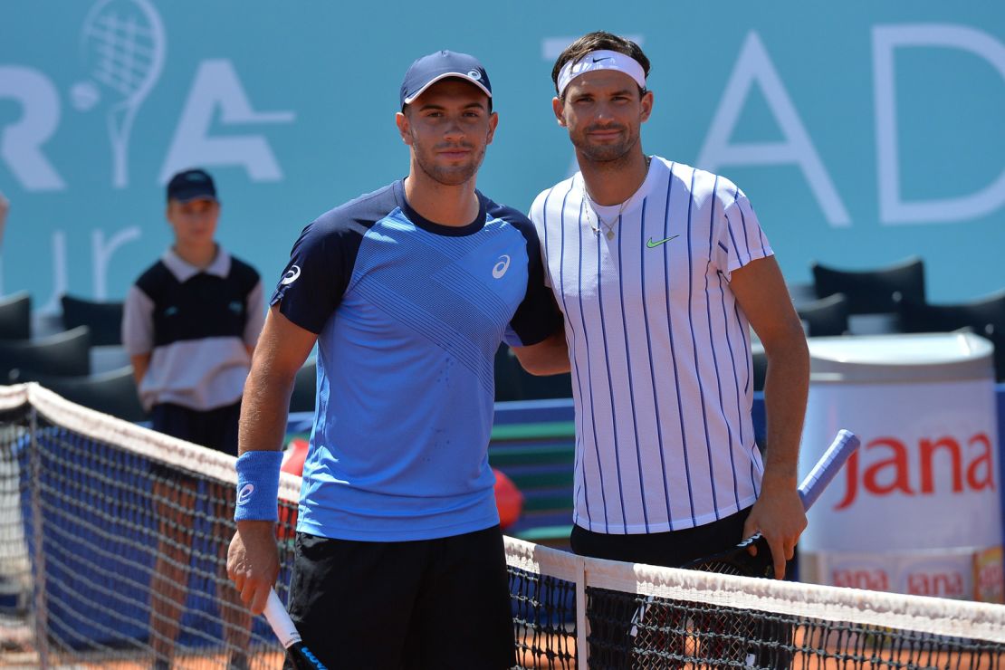 Dimitrov and Coric pose for a photo during their Adria Tour semifinal match in Zadar, Croatia.