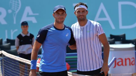 Dimitrov and Coric pose for a photo during their Adria Tour semifinal match in Zadar, Croatia.
