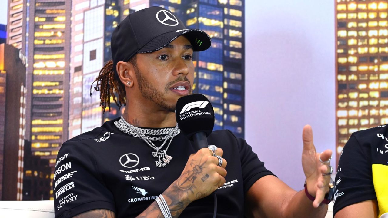 Hamilton speaks to the media during a press conference ahead of the grand prix in Melbourne.