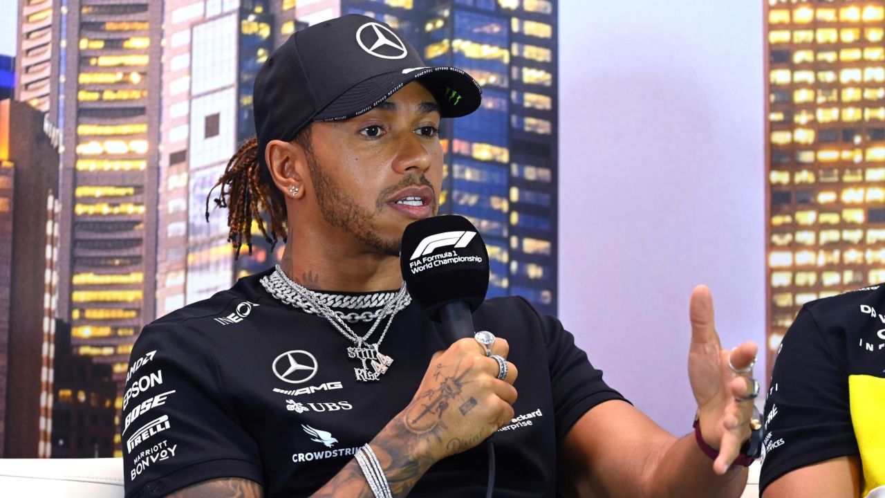 Hamilton speaks to the media during a press conference ahead of the grand prix in Melbourne.