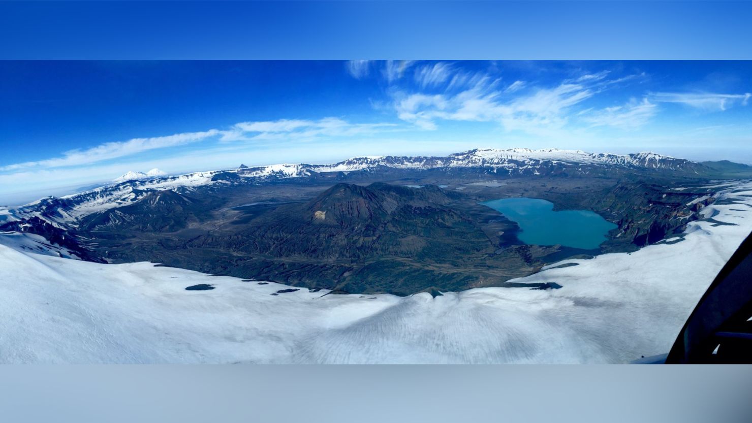 The 10-kiometer-wide crater on Alaska's Umnak Island formed during the eruption of the Okmok volcano in  43 BCE. This massive eruption caused among the most extreme Northern Hemisphere weather conditions of the past 2,500 years.