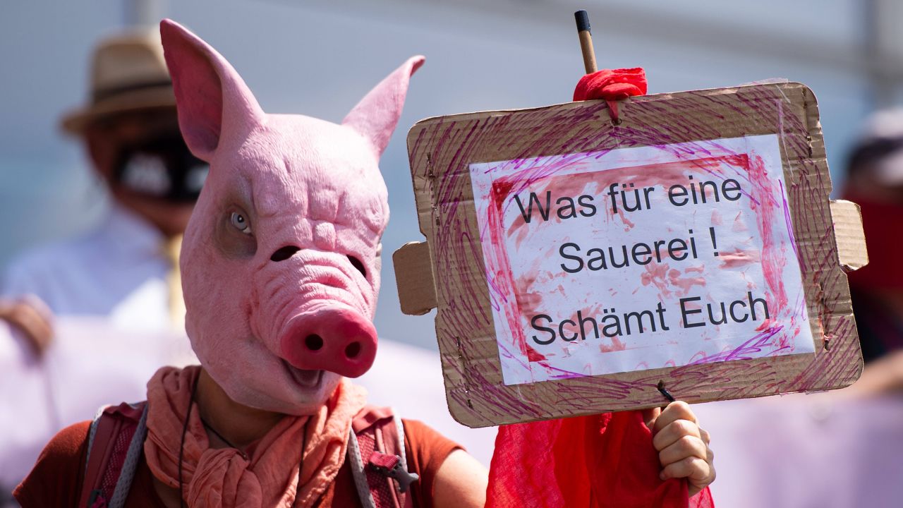 A demonstration at a news conference over the outbreak at Toennies meat processing plant in Guetersloh.