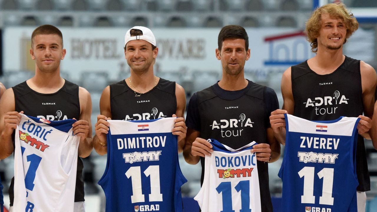 Tennis players pose for photos during the Adria Tour event in Zadar, Croatia. Coric, Dimitrov and Djokovic all later tested positive for coronavirus, while Zverev returned a negative test.