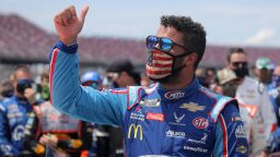TALLADEGA, ALABAMA - JUNE 22:  Bubba Wallace, driver of the #43 Victory Junction Chevrolet, gives a thumbs up prior to the NASCAR Cup Series GEICO 500 at Talladega Superspeedway on June 22, 2020 in Talladega, Alabama. A noose was found in the garage stall of NASCAR driver Bubba Wallace at Talladega Superspeedway a week after the organization banned the Confederate flag at its facilities. (Photo by Chris Graythen/Getty Images)
