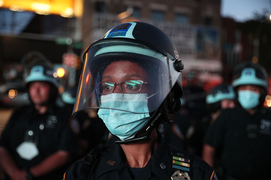 A female officer is seen while protests continued over the death of George Floyd in Brooklyn on June 6, 2020. 