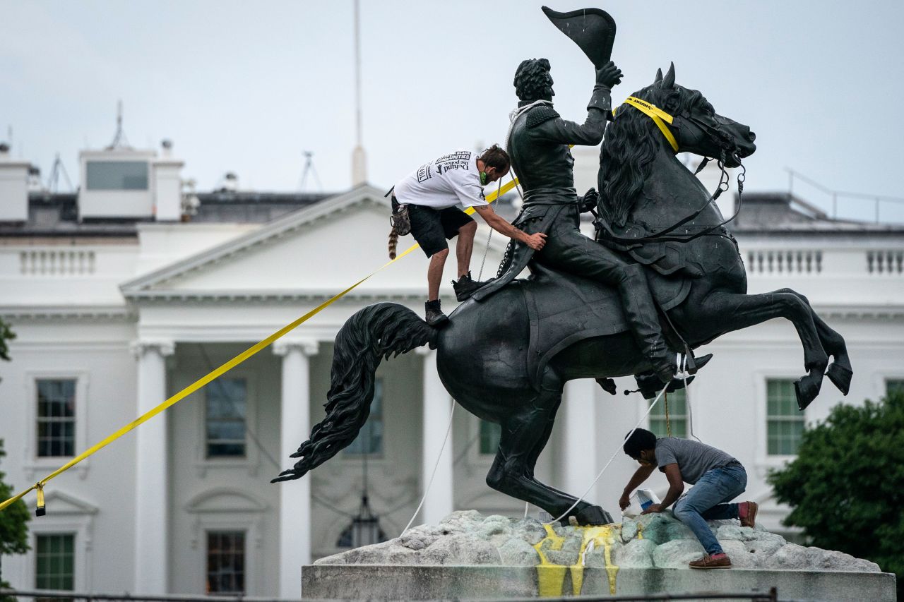 Protesters near the White House <a href="https://www.cnn.com/2020/06/22/politics/white-house-secret-service-press/index.html" target="_blank">try to pull down a statue</a> of former President Andrew Jackson on June 22.