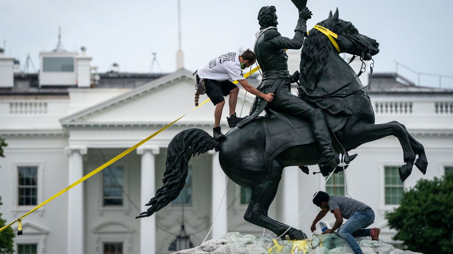 Protesters attempt to pull down the statue of Andrew Jackson in Lafayette Square near the White House on June 22, 2020 in Washington, DC. 