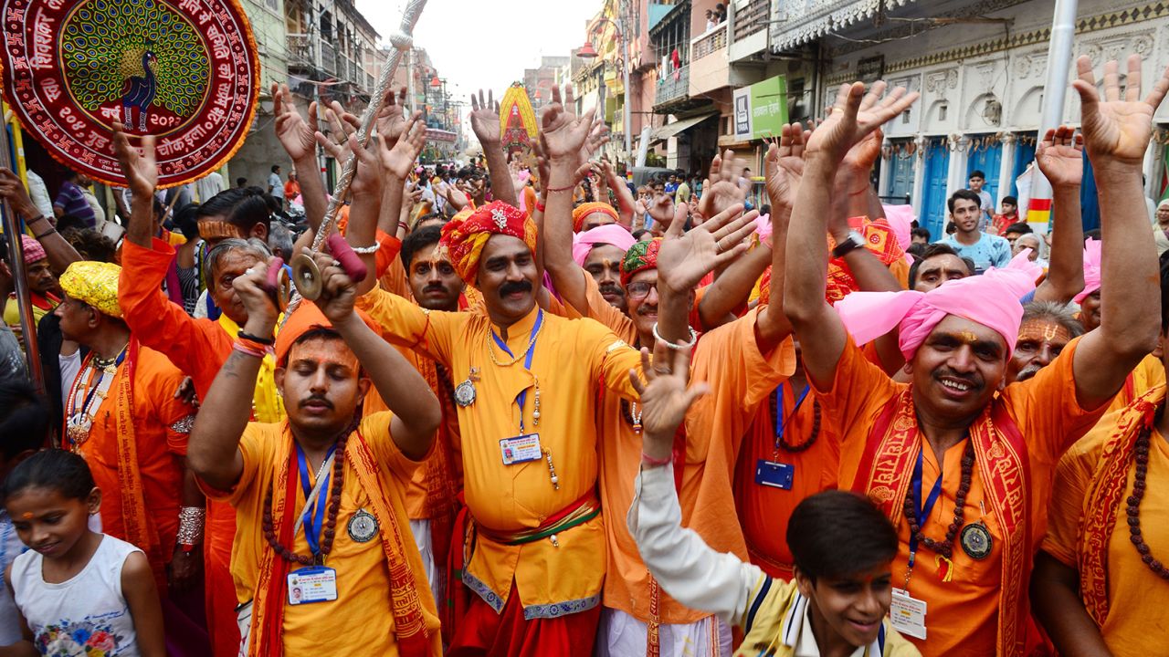 Rath Yatra participants pull a chariot in Allahabad, Uttar Pradesh, on July 4, 2019.