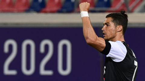 Cristiano Ronaldo celebrates after scoring against Bologna.