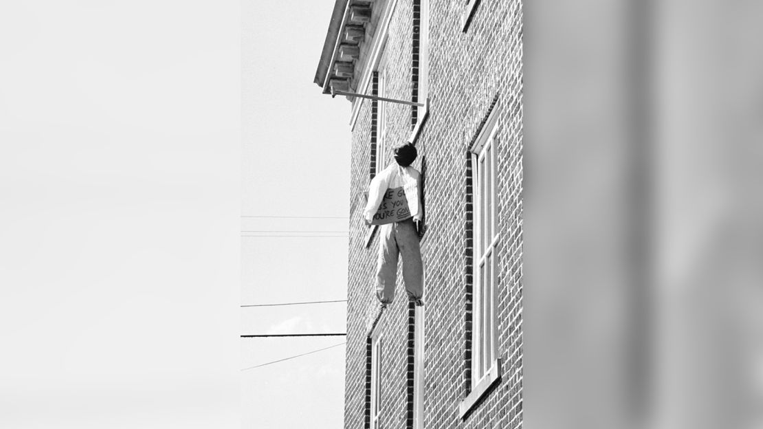 A doll hangs from a noose outside a dorm window on the campus of Mississippi State University in 1962 -- an apparent protest against James Meredith, the first African American student admitted to the segregated University of Mississippi.
