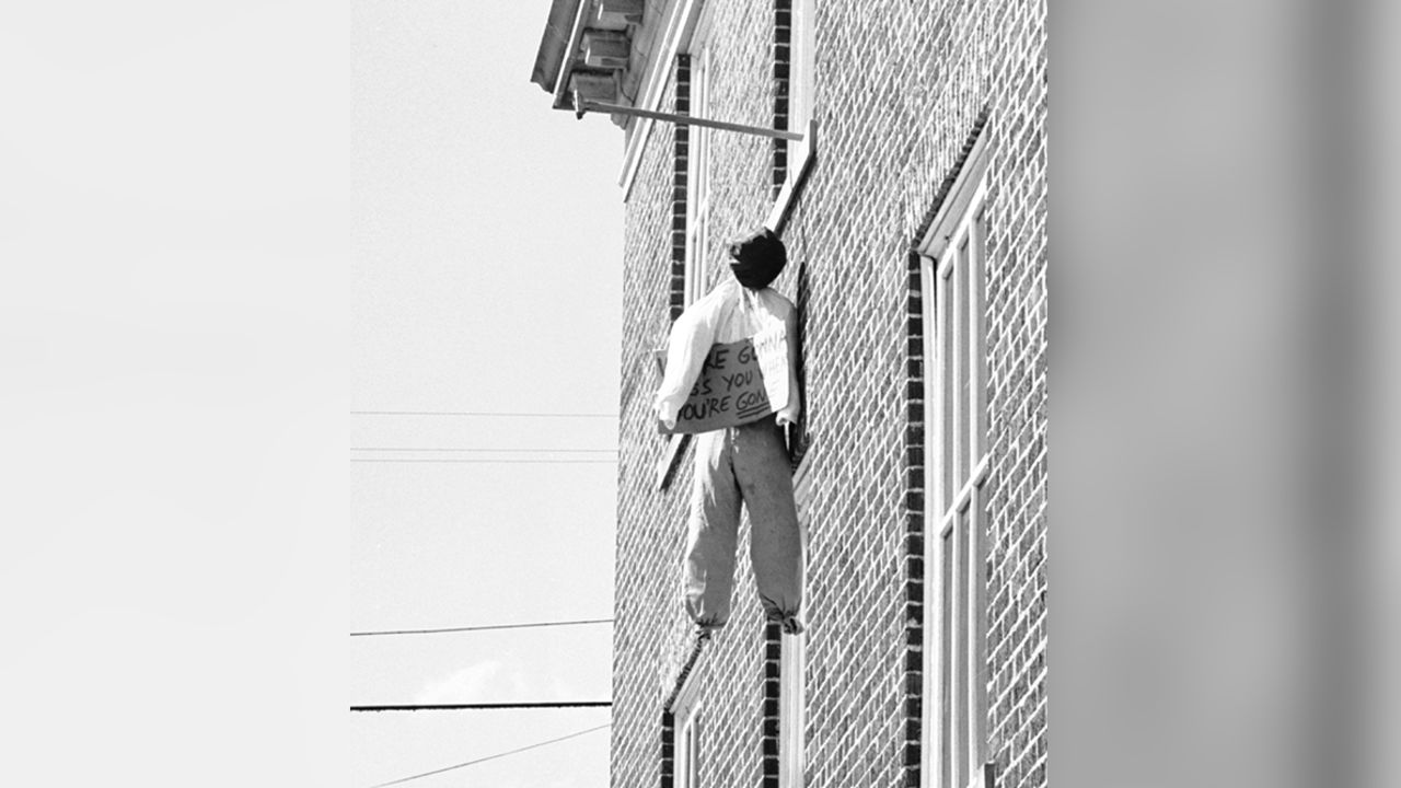 A doll hangs from a noose outside a dorm window on the campus of Mississippi State University in 1962 -- an apparent protest against James Meredith, the first African American student admitted to the segregated University of Mississippi.