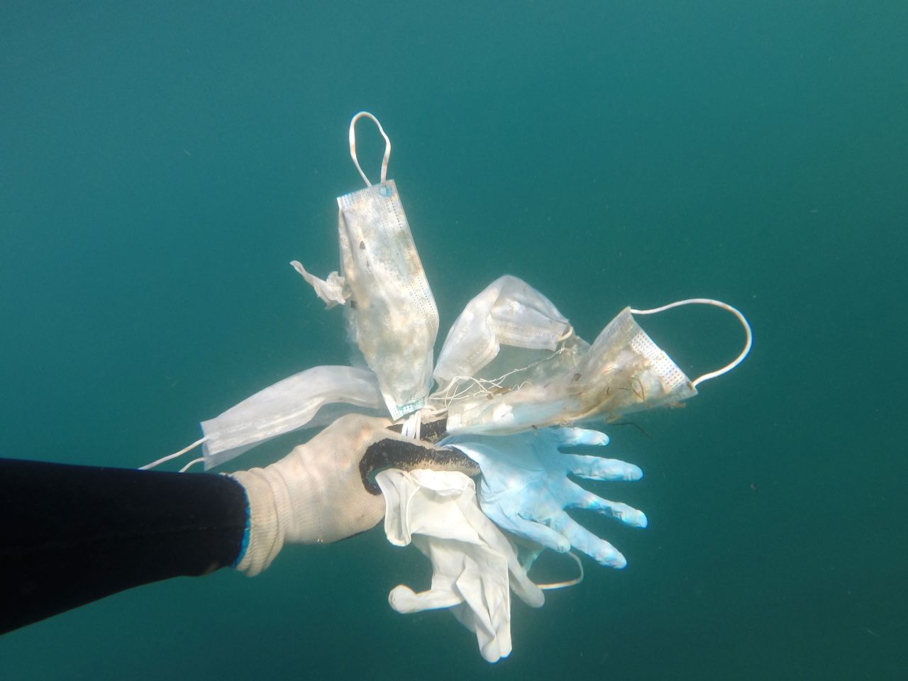 Used masks and gloves are collected from the ocean. 