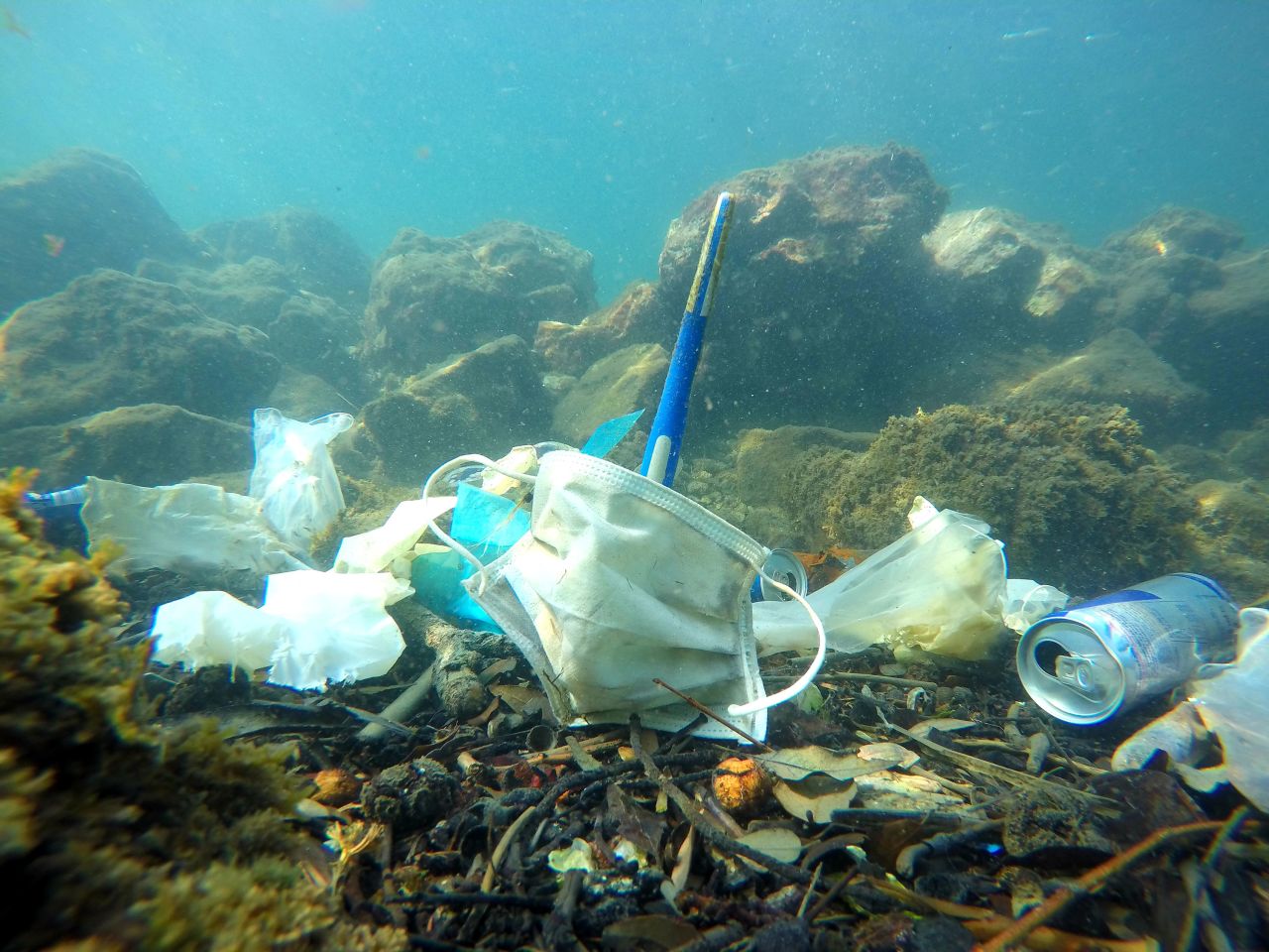 Gloves and masks are seen with other litter on the ocean floor. 