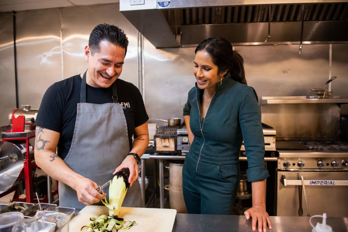 In the first episode of "Taste the Nation," Padma Lakshmi cooks with Emiliano Marentes, the Mexican-American owner of ELEMI, a restaurant in El Paso, Texas. 