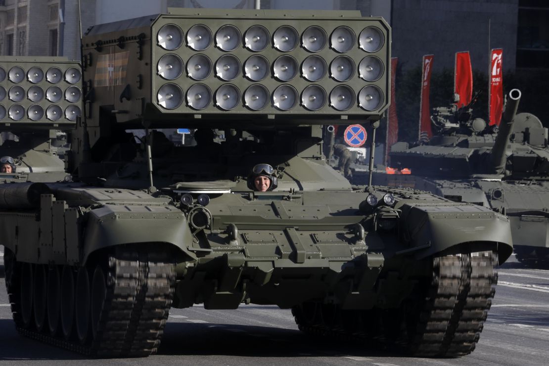 A TOS-1A Buratino multiple rocket launcher moves along Tverskaya Street ahead of the military parade in Red Square.