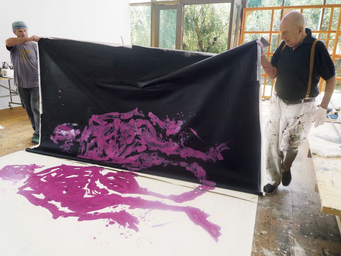 "Contact-printing" is a technique that involves transferring an image from one canvas to another. This is the single painting in the series that uses pink.