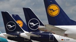 The tails of aircraft of the German airline Lufthansa are seen at the "Franz-Josef-Strauss" airport in Munich, southern Germany, on June 18, 2020, amid the novel coronavirus Covid-19 pandemic. - European airline giant Lufthansa warned on June 17, 2020 that a billionaire investor could block a nine-billion-euro ($10.1 billion) pandemic rescue plan agreed with the German state. (Photo by Christof Stache/AFP/Getty Images)