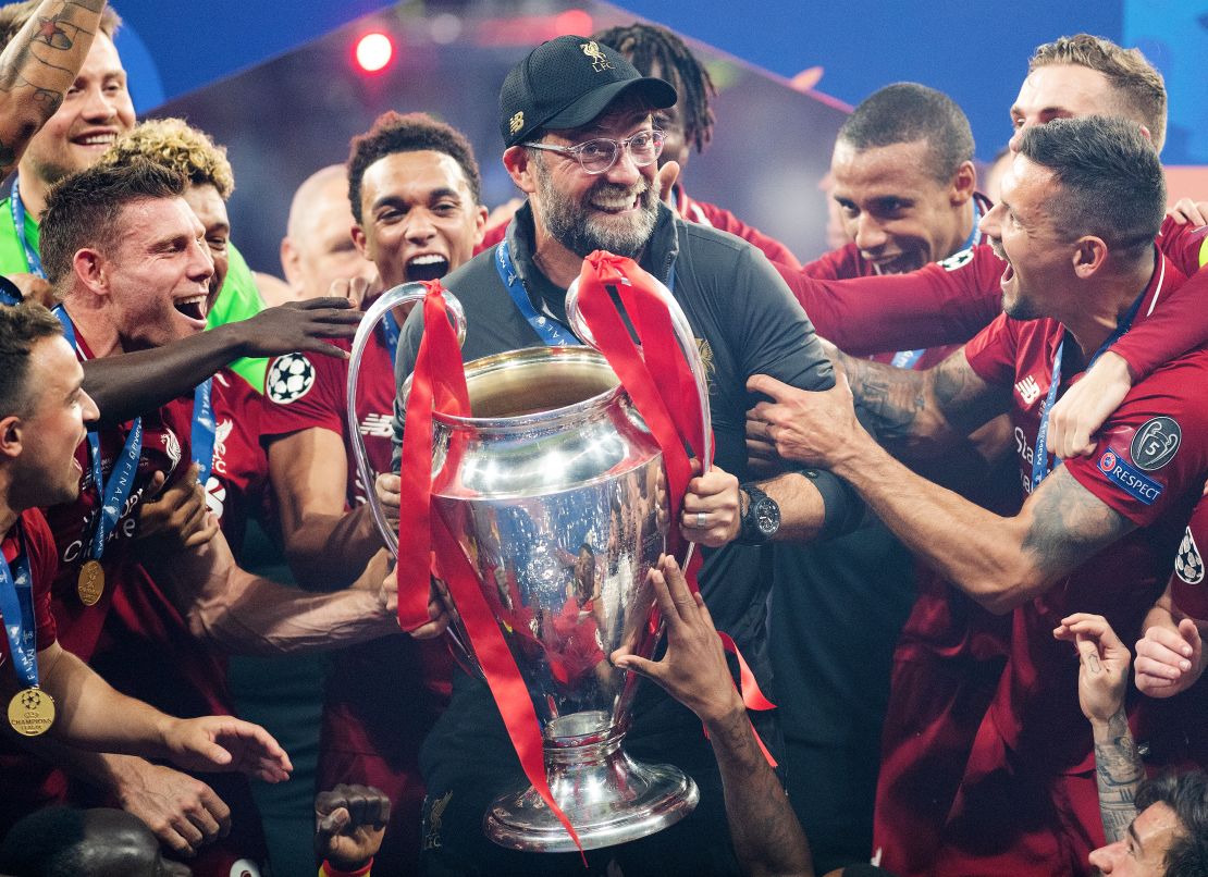 Klopp celebrates with the Champions League trophy  at Estadio Wanda Metropolitano on June 1, 2019.