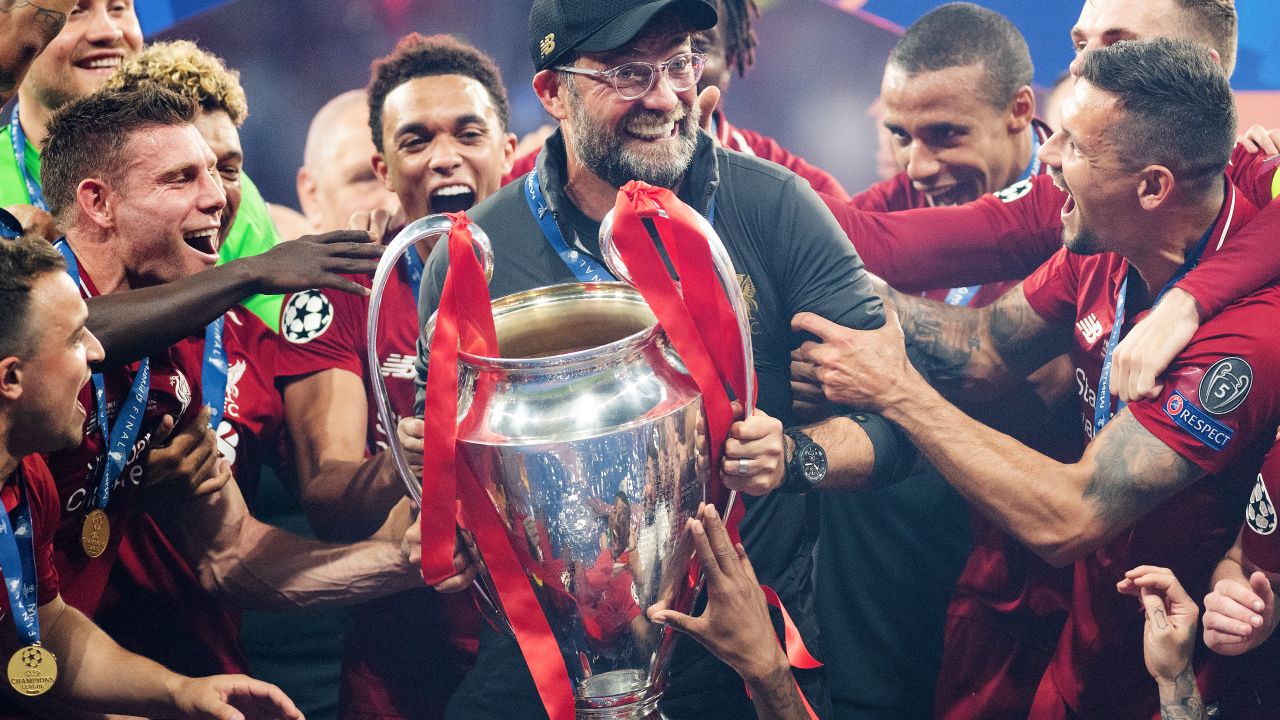 Klopp celebrates with the Champions League trophy  at Estadio Wanda Metropolitano on June 1, 2019.