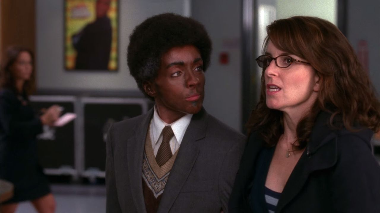 Jane Krakowski appears in blackface in an episode of the third season of "30 Rock." The show's creator, Tina Fey, right, has apologized for this and three other episodes in which actors wore blackface.