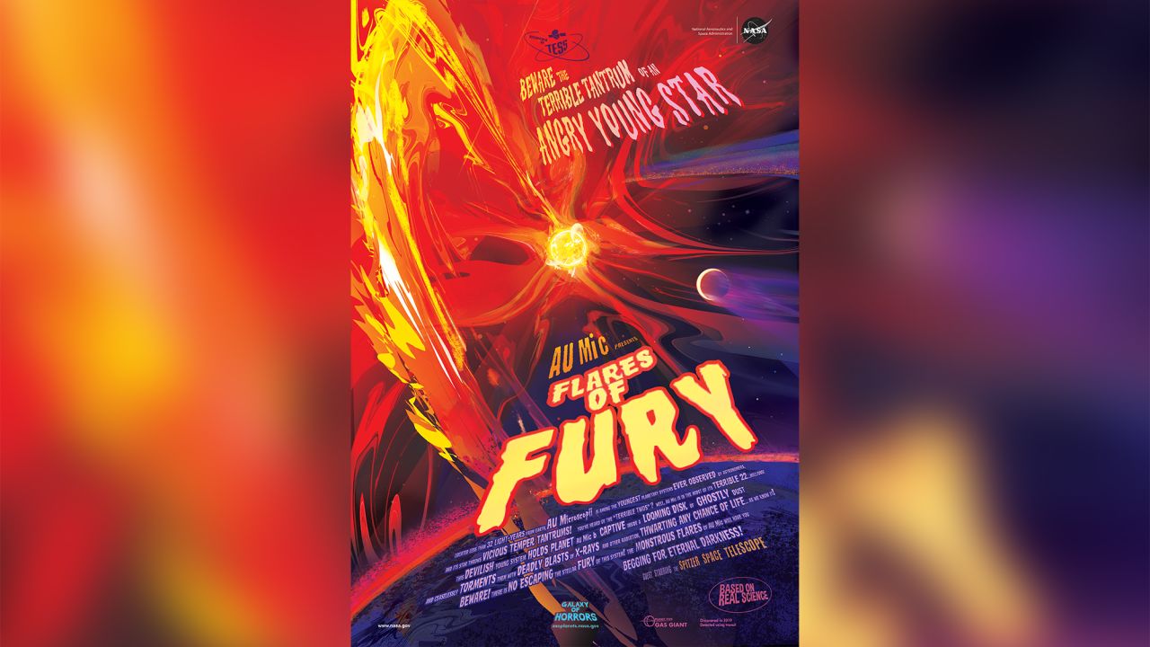 NASA has shared this "flares of fury poster" after the discovery of AU Mic b, an exoplanet less than 32 light years from Earth. Because the star is young and active, it lashes its nearby planet with radiation.
