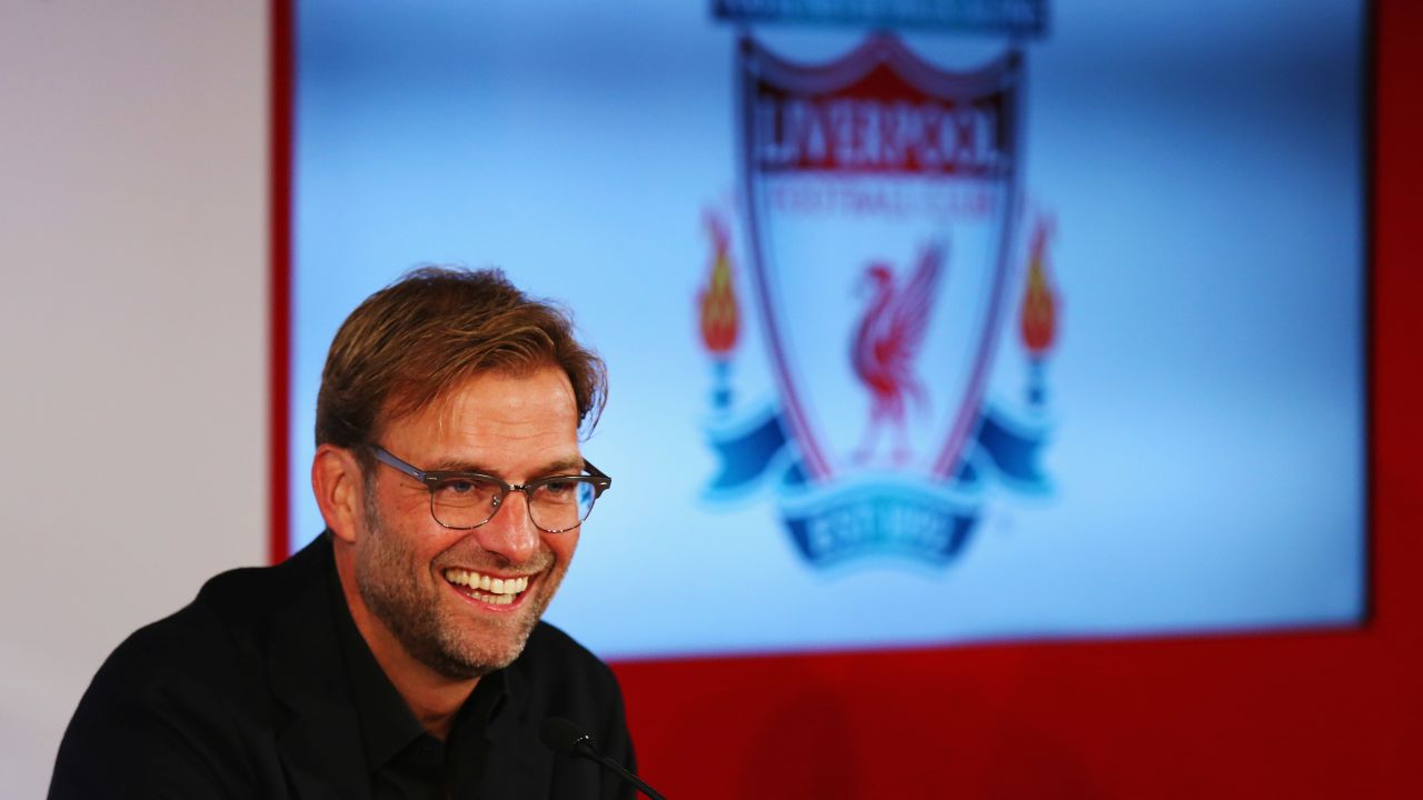 Klopp is unveiled as Liverpool's new manager during a press conference at Anfield on October 9, 2015.