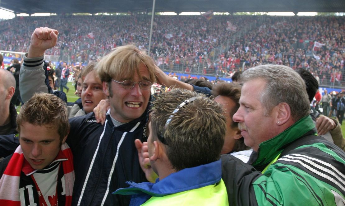 Klopp celebrates promotion as Mainz manager. 