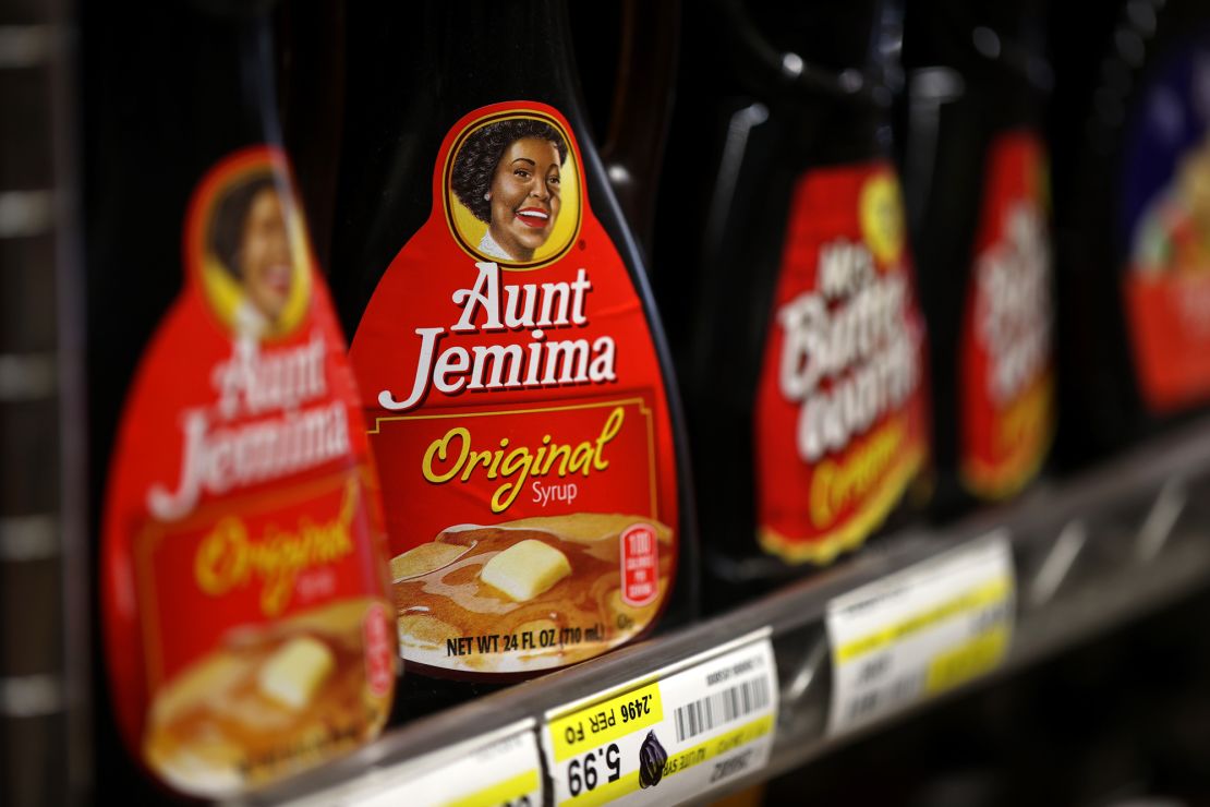 Bottles of Aunt Jemima pancake syrup are displayed on a shelf at Scotty's Market on June 17, 2020 in San Rafael, California.