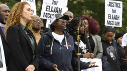Sheneen McClain, center, mother of Elijah McClain, speaks during a press conference in front of the Aurora Municipal Center on Oct. 1, 2019. Family, friends, legal counsel, local pastors and community organizers were calling for justice for the officer-involved death of her son, who died in a hospital after an Aug. 24 incident involving Aurora police.(Photo by Andy Cross/MediaNewsGroup/The Denver Post via Getty Images)