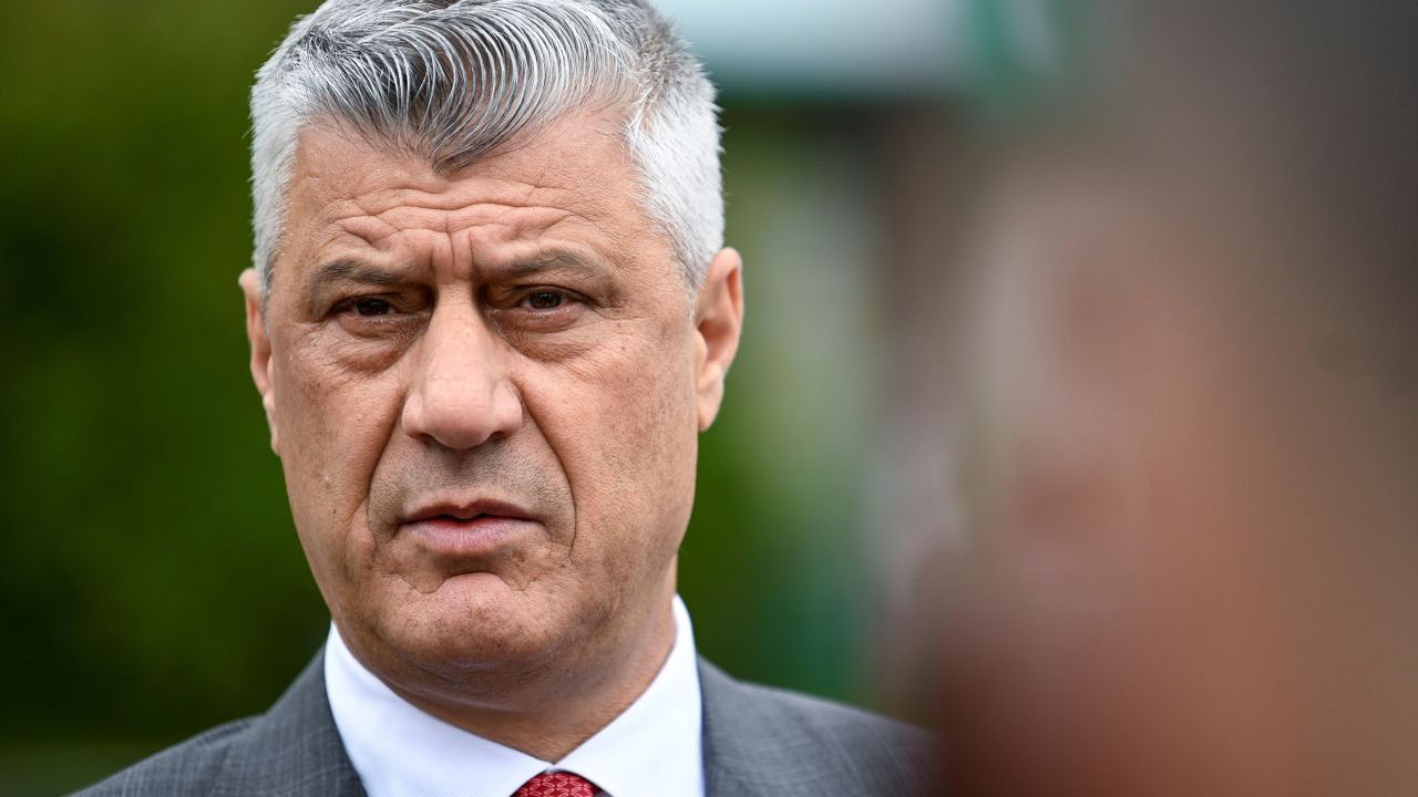 Kosovo President Hashim Thaçi takes part in a tribute ceremony at a statue of a late Kosovo Liberation Army commander in Pristina on June 11, 2020.