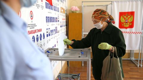 A woman casts her vote in the 2020 Russian constitutional referendum at a polling station in Amur Oblast in Russia's east.