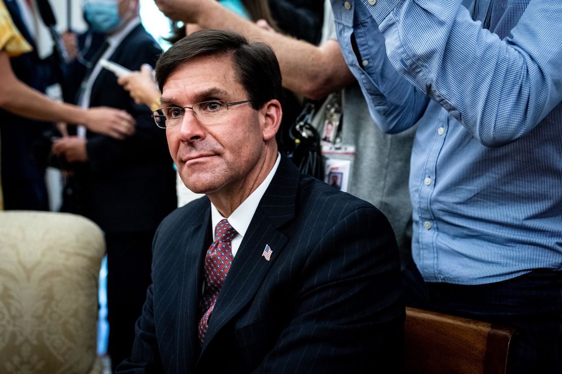 U.S. Secretary of Defense Mark Esper attends a meeting with Polish President Andrzej Duda and U.S. President Donald Trump in the Oval Office of the White House on June 24, 2020 in Washington, DC. 