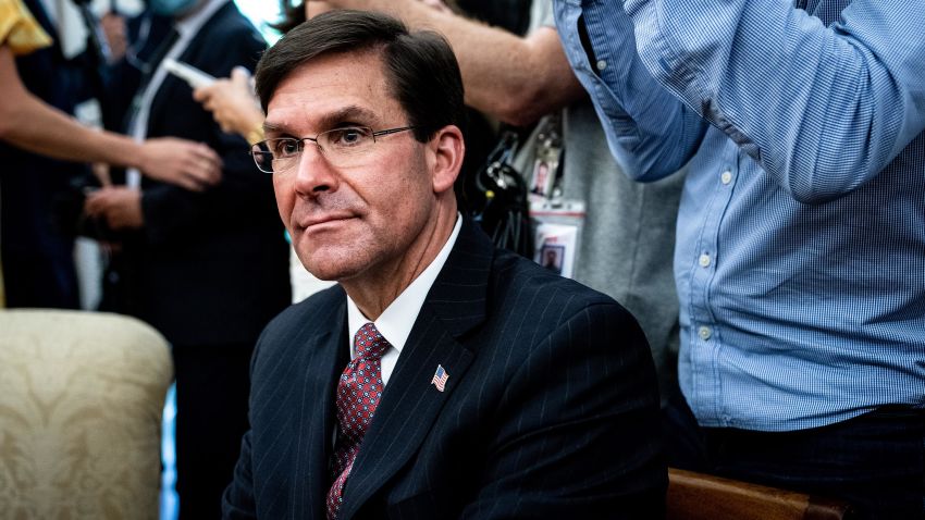 U.S. Secretary of Defense Mark Esper attends a meeting with Polish President Andrzej Duda and U.S. President Donald Trump in the Oval Office of the White House on June 24, 2020 in Washington, DC.