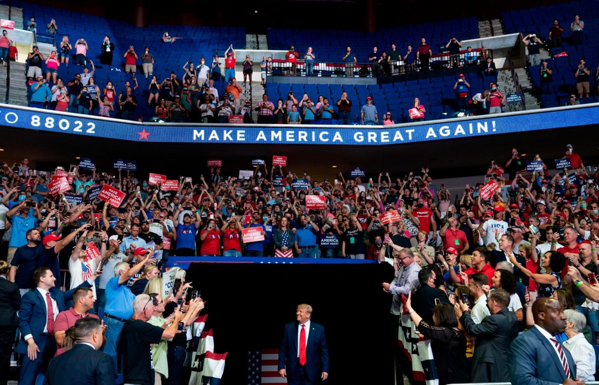 US President Donald Trump arrives at <a href="http://www.cnn.com/2020/06/20/politics/gallery/trump-rally-tulsa/index.html" target="_blank">his campaign rally</a> in Tulsa, Oklahoma, on Saturday, June 20. It was his first rally since the start of the coronavirus pandemic, and the indoor venue <a href="https://www.cnn.com/2020/06/20/politics/donald-trump-rally-tulsa-coronavirus/index.html" target="_blank">generated concerns</a> about the potential spread of the virus. <a href="https://www.cnn.com/2020/06/21/politics/trump-rally-tulsa-attendance/index.html" target="_blank">About 6,200 people showed up</a> to the BOK Center, which seats 19,199.