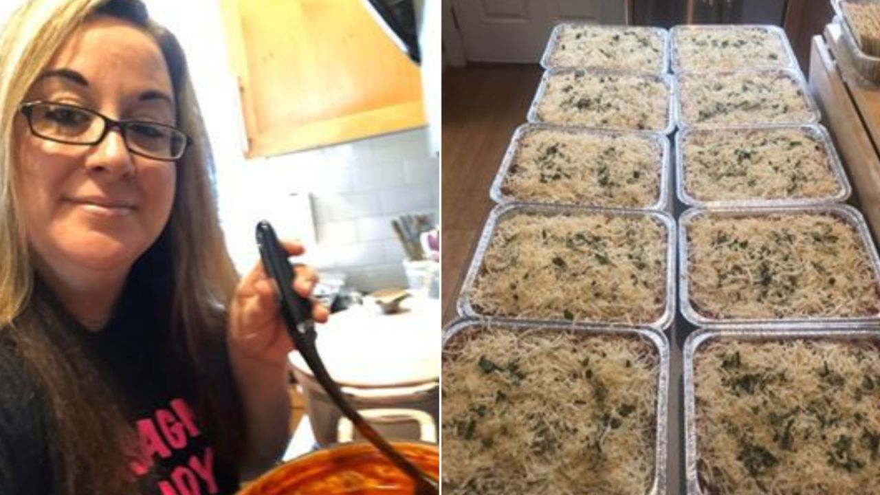 Left: Michelle Brenner cooking her sauce; A load of Michelle's lasagnas ready to donate