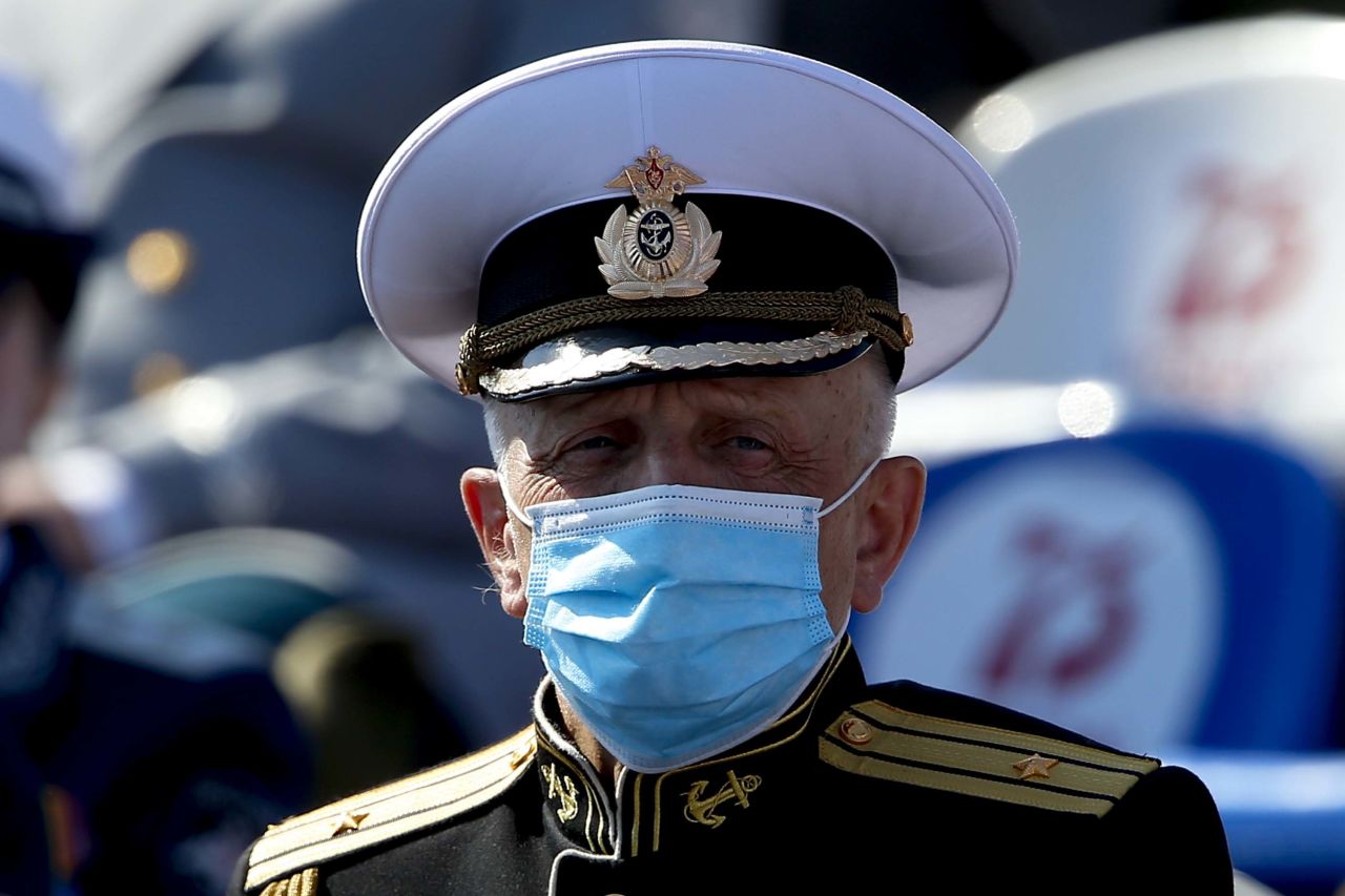 A ceremonial soldier wears a face mask during <a href="https://edition.cnn.com/2020/06/24/europe/victory-day-moscow-parade-coronavirus-2020-intl/index.html" target="_blank">Russia's Victory Day parade</a> in Moscow on June 24. A major celebration was originally planned to take place in May, with world leaders invited to attend, but it was postponed by the Kremlin after veterans organizations voiced concerns about the health risks such an event might pose amid the coronavirus crisis.