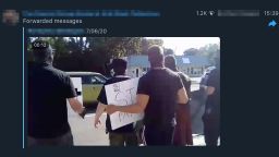 A screengrab from a video recorded by White supremacists who harassed demonstrators at a Black Lives Matter protest in Knoxville, Tennessee on June 5, uploaded to the encrypted messaging app Telegram. CNN has obscured identifying information in this image.
