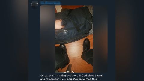 One image shows a man wearing black boots and holding a black bag with the caption warning that he is "going out there" and "you could've prevented this!!!" CNN has obscured identifying information in this image.