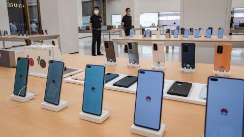 Smartphones are displayed at a Huawei store ahead of its opening in Shanghai this month. 