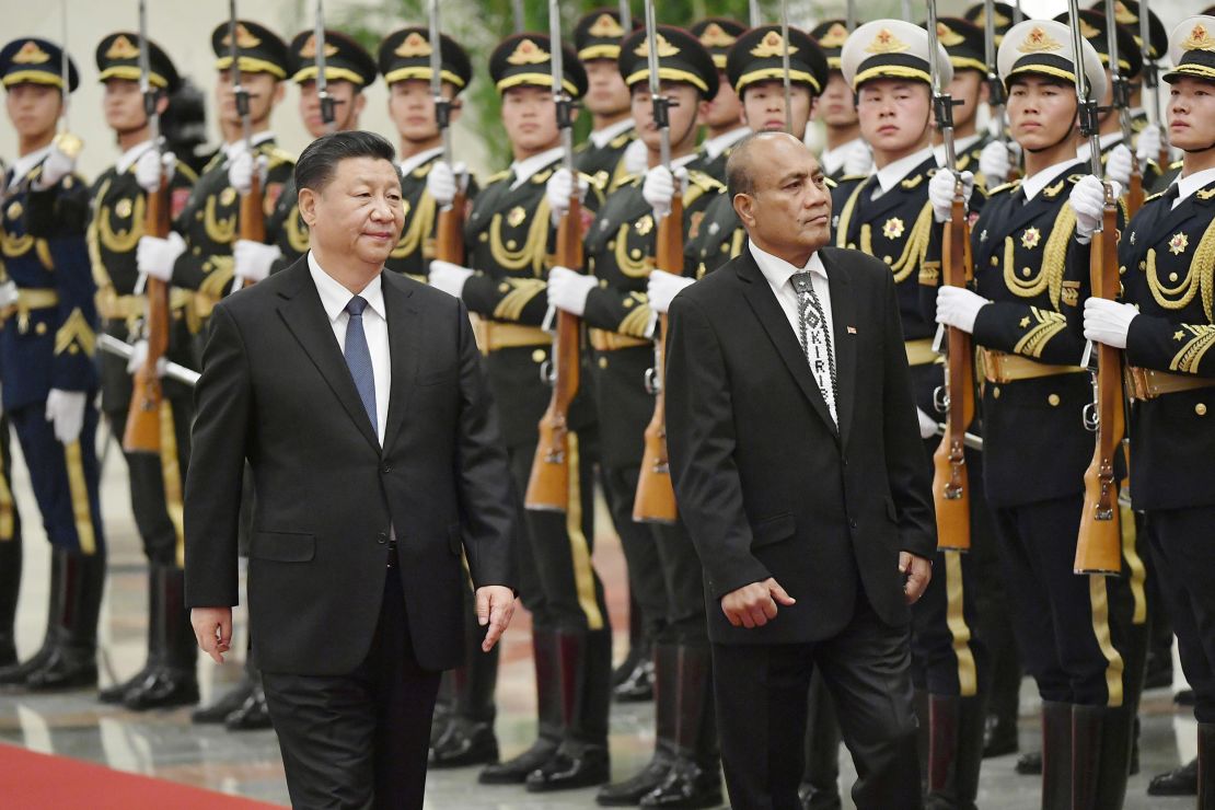 Kiribati President Taneti Maamau attends a welcome ceremony at the Great Hall of the People in Beijing alongside Chinese President Xi Jinping in January.