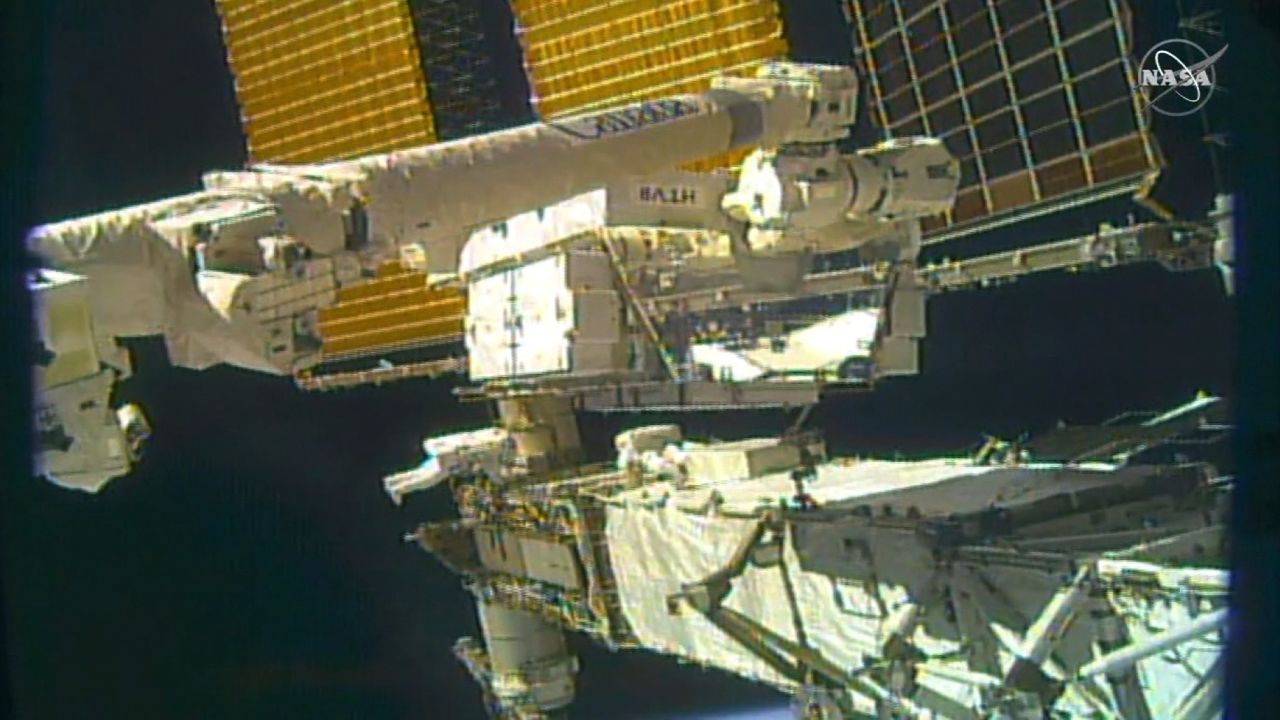 The astronauts are working on the far starboard truss (S6 Truss) of the space station.