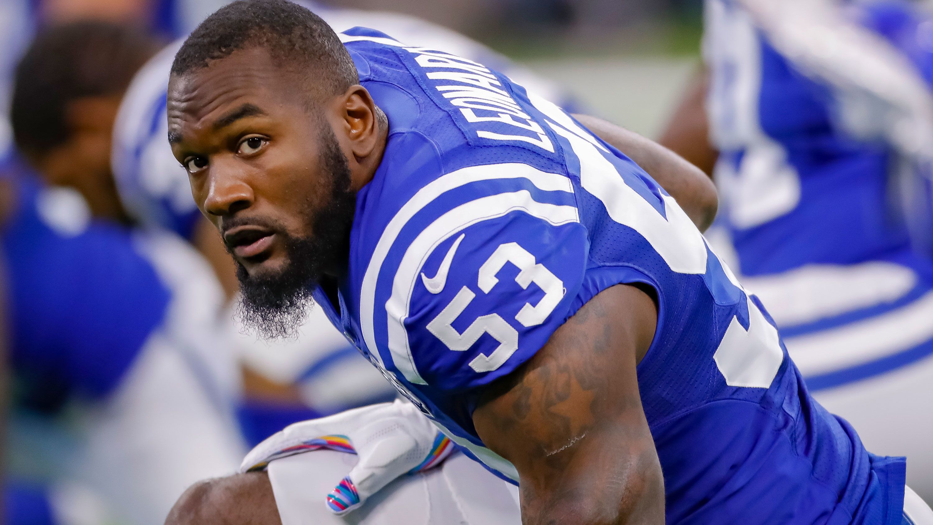 Darius Leonard of the Indianapolis Colts pauses before a 2018 game.