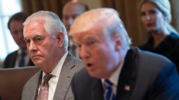 Secretary of State Rex Tillerson listens as President Donald Trump speaks to the media during a cabinet meeting at the White House on November 20, 2017 in Washington, D.C. 