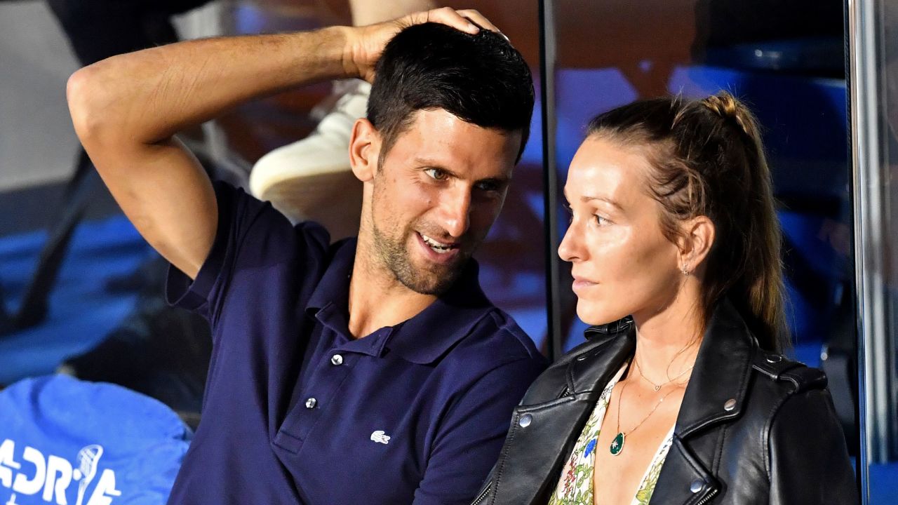 Serbian tennis player Novak Djokovic (L) talks to his wife Jelena during a match at the Adria Tour, Novak Djokovic's Balkans charity tennis tournament in Belgrade on June 14, 2020.